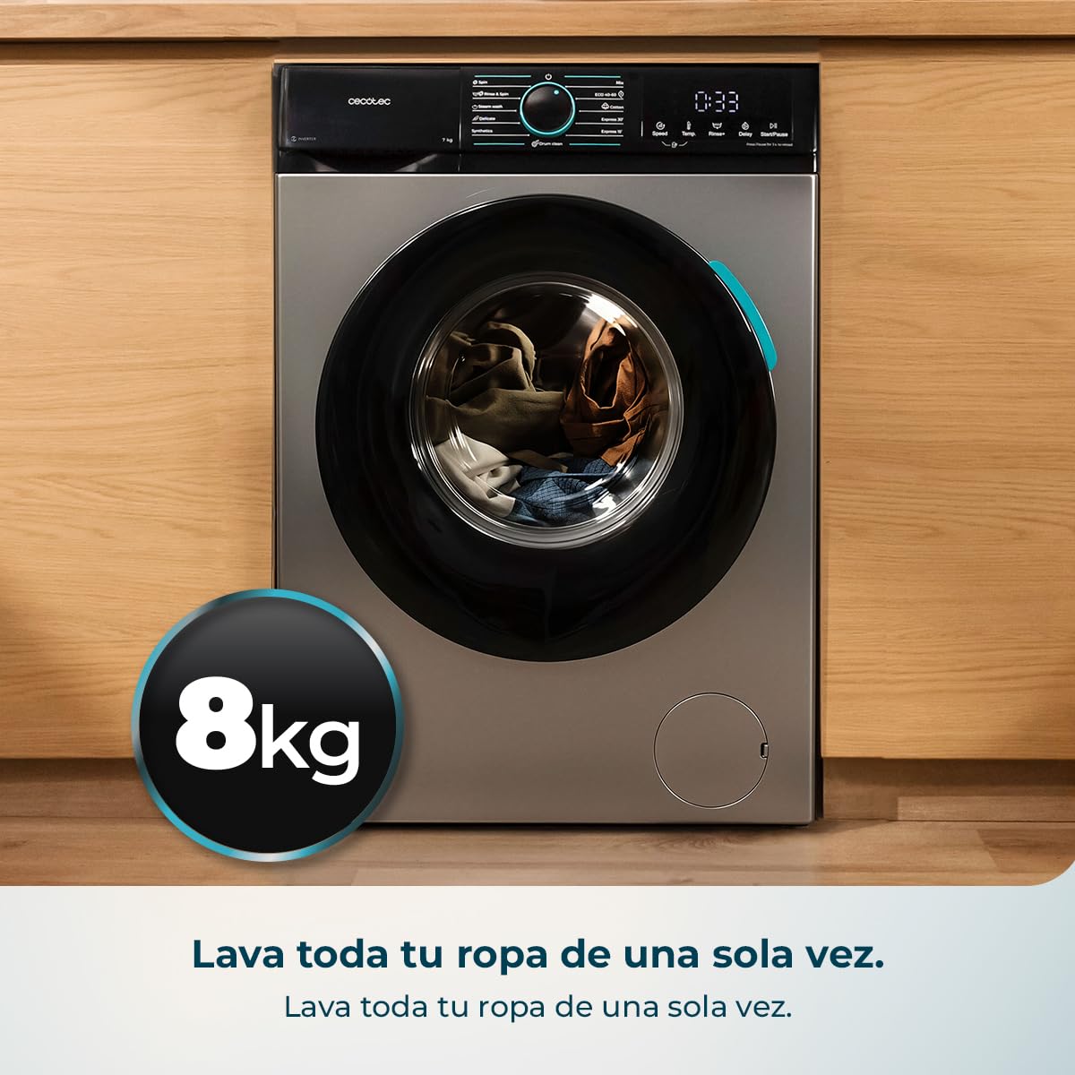 Cecotec Lavadora 8Kg Carga Frontal Bolero DressCode 8160 Inverter Steel | 1200rpm, 11 Programas, Clase A-20%, Bajo Consumo, Motor Inverter Plus, Steam Max, Drum Clean, Programa Rápido, Display LED