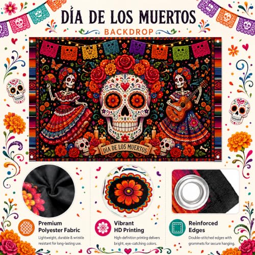 Image of Dia de los Muertos Decorations - Day of The Dead Sugar Skull Backdrop | Mexican Fiesta Photography Background Banner | Skeleton Marigold Papel Picado Decor for Day of the Dead Party Indoor Outdoor