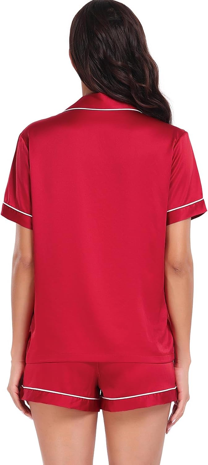 Women's Satin Pajama Set 2-Piece Sleepwear Loungewear Button Down Short Sleeve Silky PJ Set - Image 2