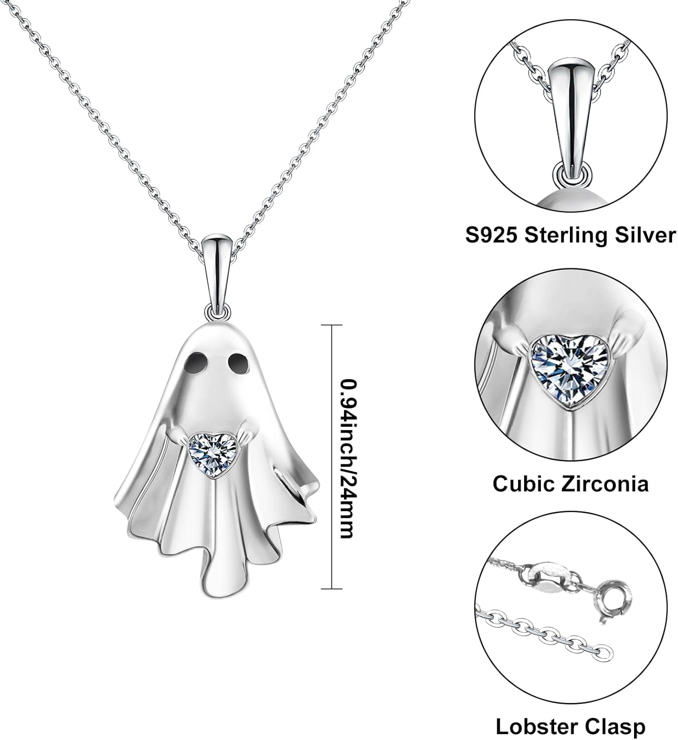 Halloween Ghost Necklace for Women S925 Sterling Silver Spooky Ghost Pendant With Heart Cz for Women Halloween Jewelry Gift - Image 7
