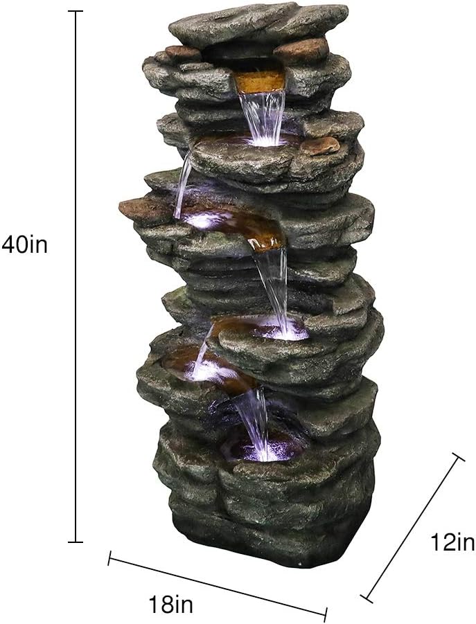 SunJet 6-Tiers Rocks Outdoor Water Fountain - 40” High Cascading Waterfall with LED Lights, Soothing Tranquility for Home Garden, Yard Decor : Patio, Lawn & Garden