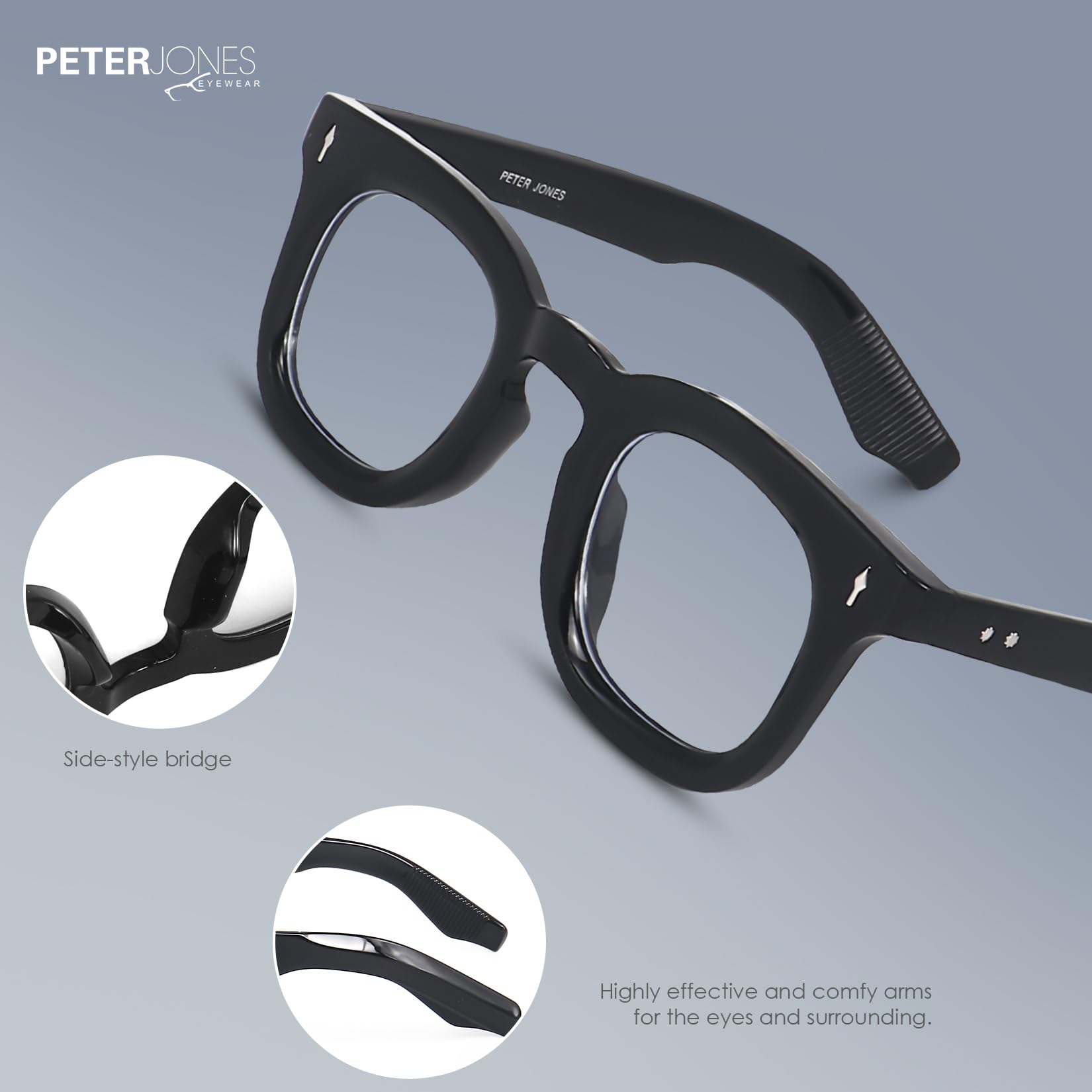 Peter Jones I Zero Power Blue Cut Computer Glasses I Gaming Glasses I UV Protected & Blocks Harmful Rays I Black Color I Men & Women I Medium/Large Square 3819FB - Image 4 thumbnail