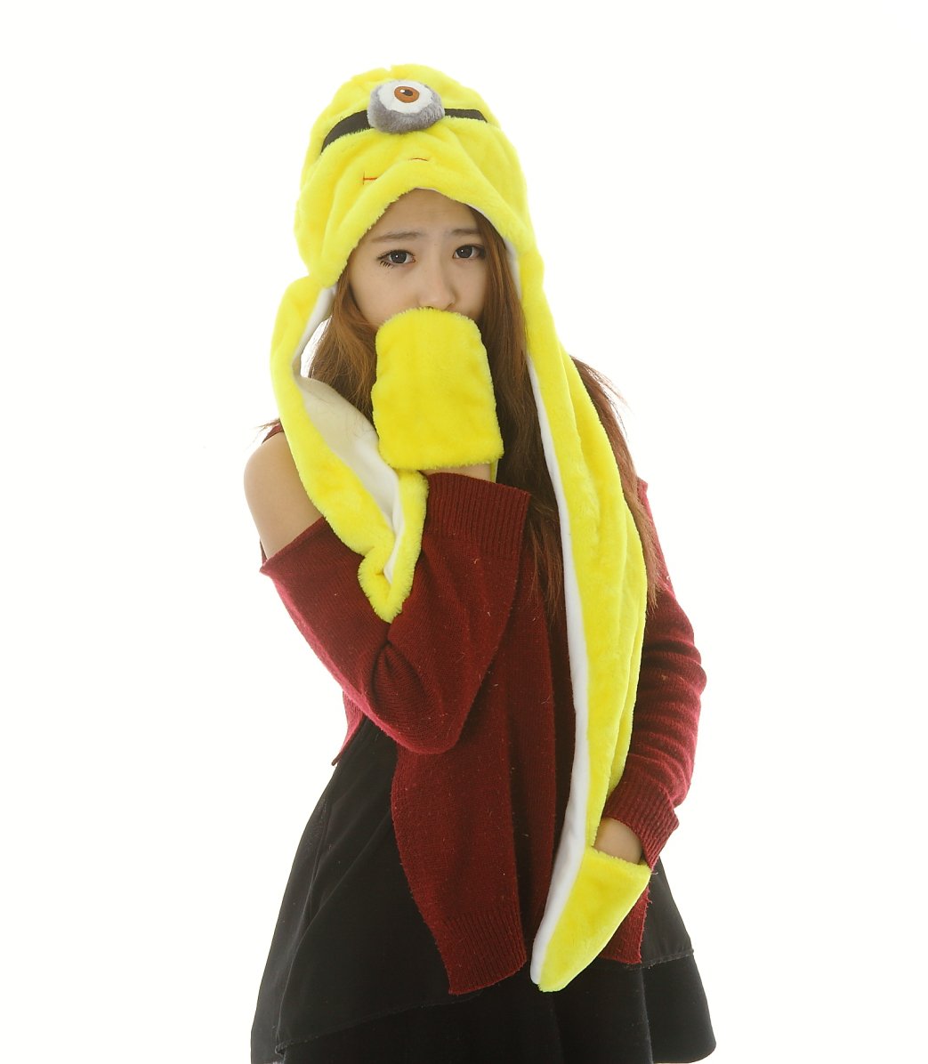 Colorfulworldstore Minions Cartoon Plush Animal Hats with Scarfs Mittens Gloves Performance props