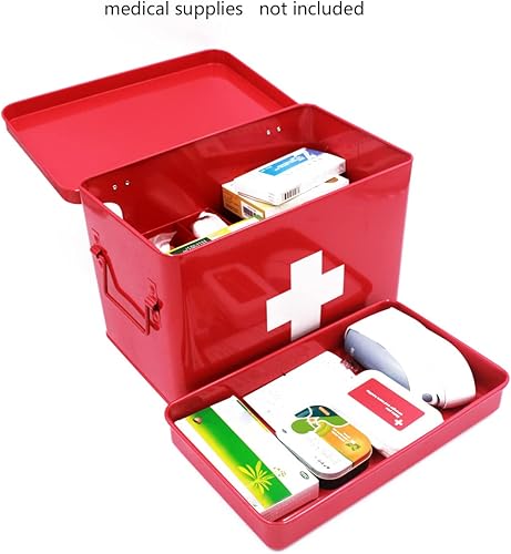 Miniatura 2 de Funly mee Caja de primeros auxilios vintage para el hogar, lata de medicamentos, caja de almacenamiento de medicamentos de metal rojo (grande 12.6 x
