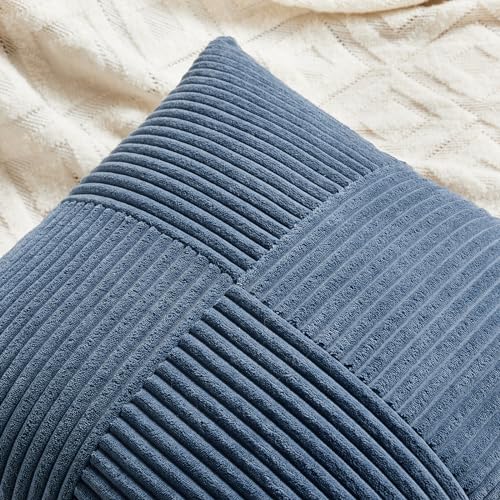 Image of Fancy Homi 2 Packs Dusty Blue Lumbar Decorative Throw Pillow Covers 16x32 Inch for Couch Bed Sofa, Rustic Farmhouse Boho Home Decor, Soft Striped Corduroy Rectangle Accent Cushion Case 40x80 cm
