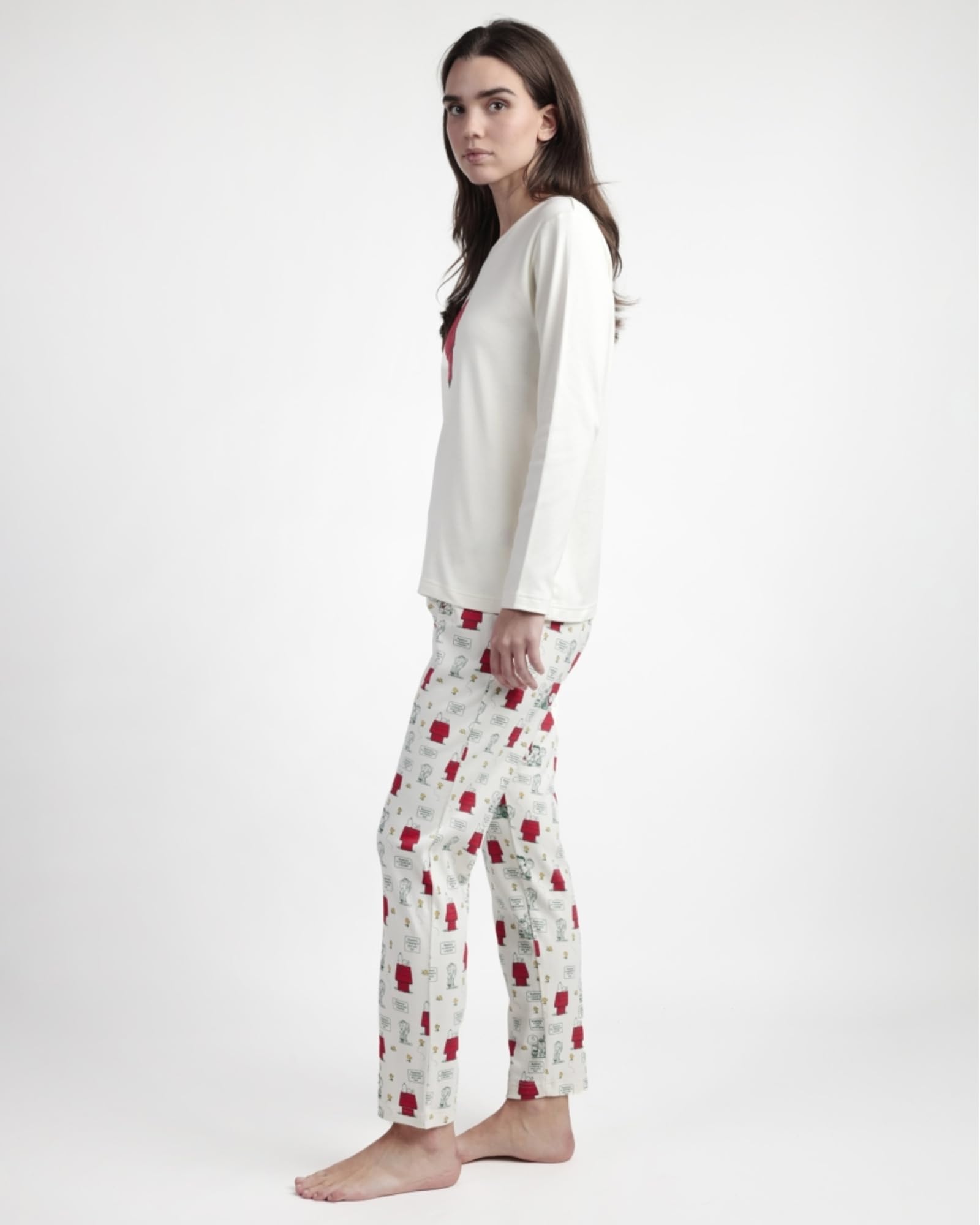 Peanuts Pigiama Donna Invernale in 100% Caldo Cotone Art. 63241 – Maglia Manica Lunga con Ricamo in Spugna + Pantalone Fantasia