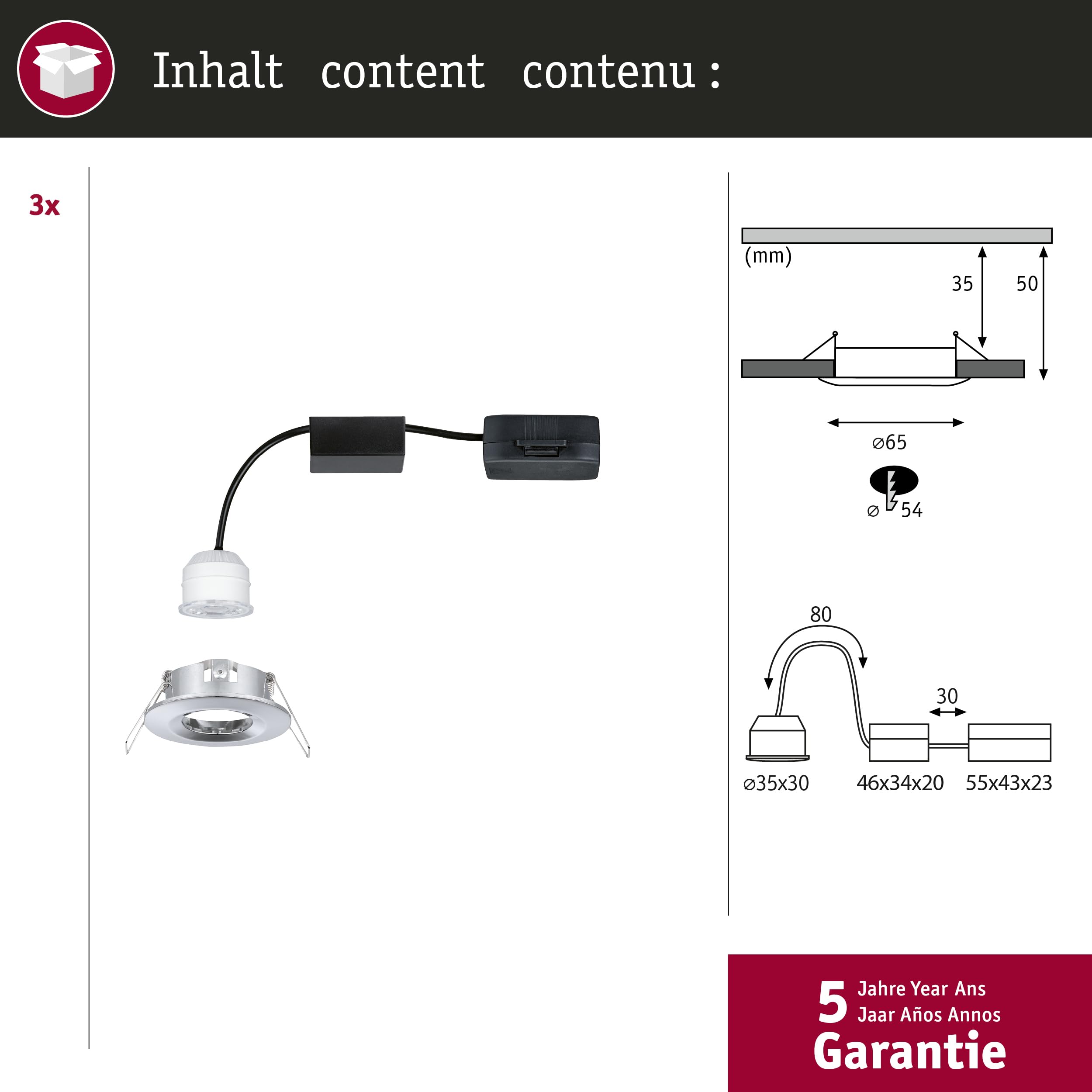 Paulmann 94303 Nova Mini LED oprawa do zabudowy Coin, okrągła, nieruchoma, 3x4W, chrom, 2700K