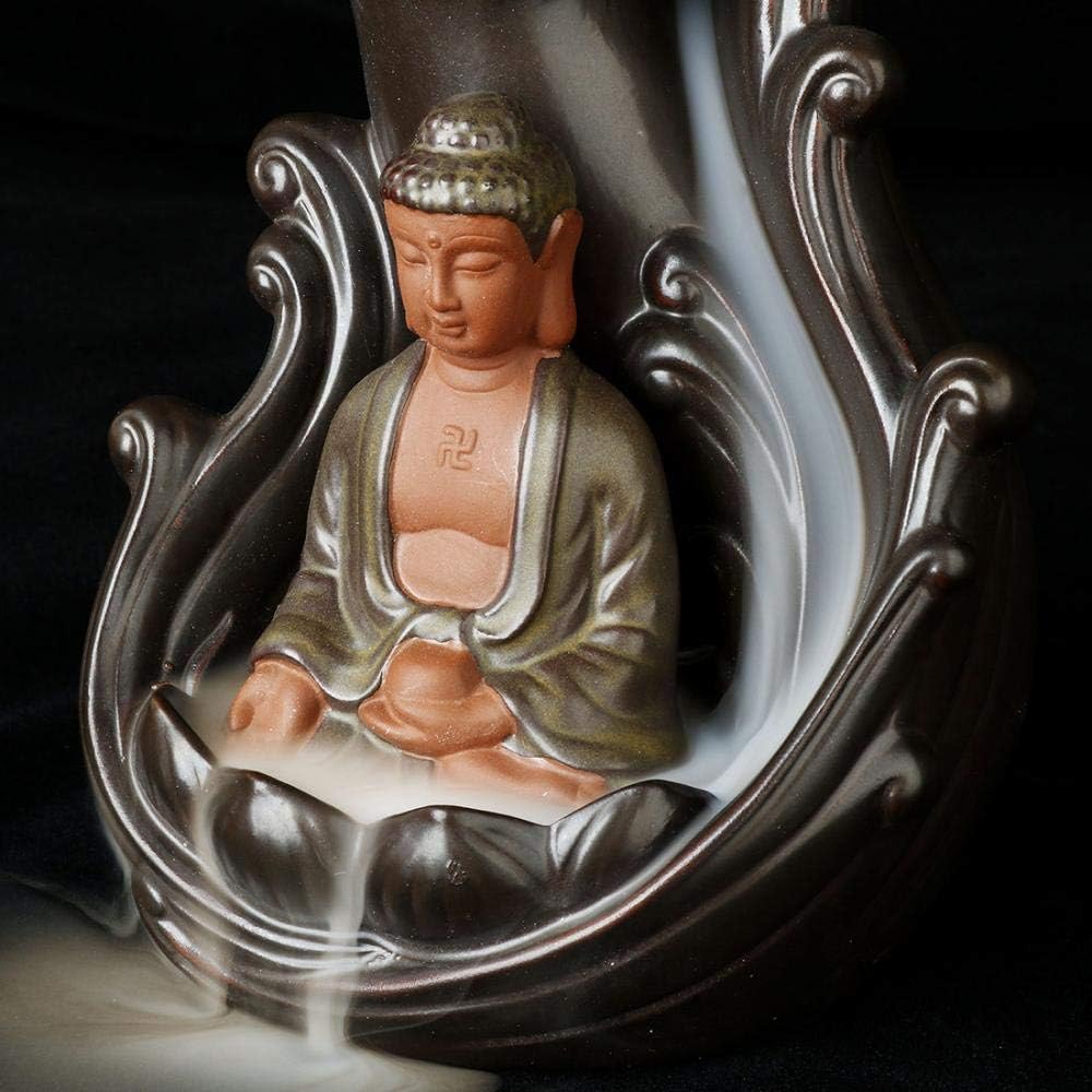 Noble Buddha Backflow Incense Burner, Handmade Large Cone Sticks Incense Holder Home Decor Ceramic Backflow Incense Holder with 10 pcs Incense Cones in Exquisite Present Box (A)