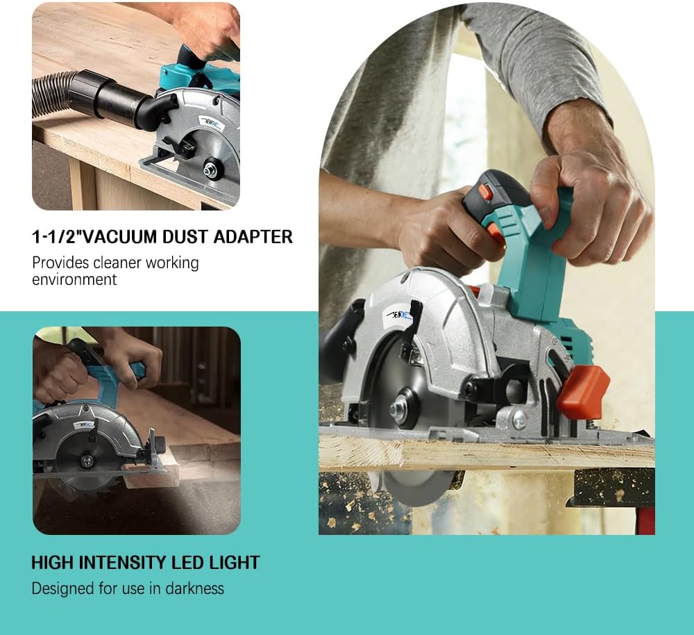Circular saw with vacuum dust adapter attached and LED light in use