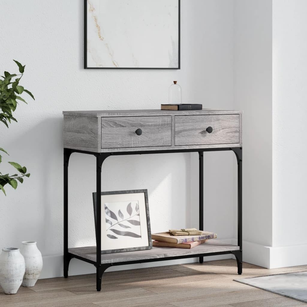 SXZenSpace Console Table Grey Sonoma 75 x 34.5 cm Engineered Wood & Metal Frame Hallway Side with Drawers Shelf Slim Sofa for Living Room Corridor Bedroom