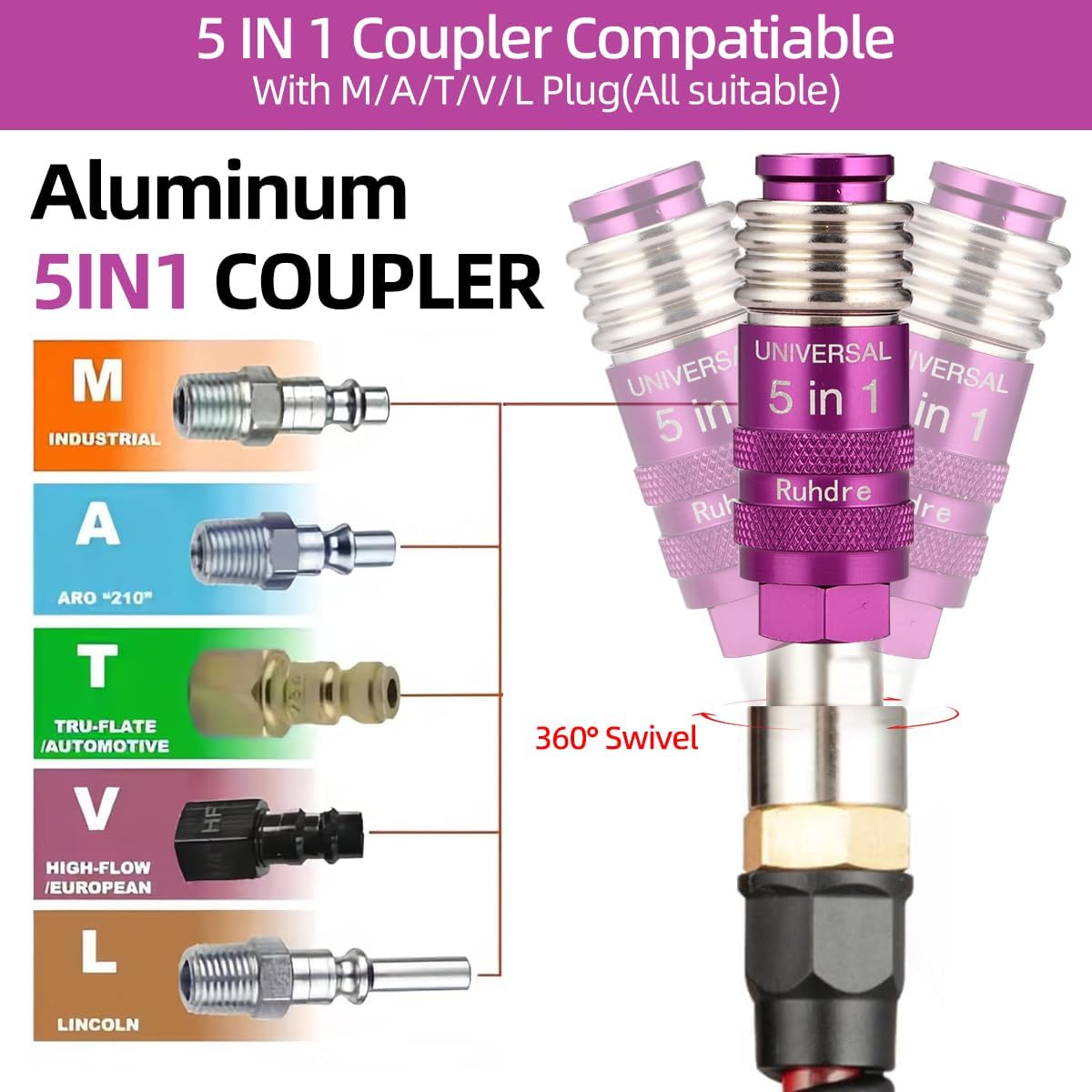 Ruhdre1/4" x 100 Feet Reinforced Polyurethane Air Compressor Hose, 300PSI Heavy Duty Flexible Hose with 5-in-1 Universal 1/4" Swivel Coupler & Plug, Strain Reliefs, Nailer Hook
