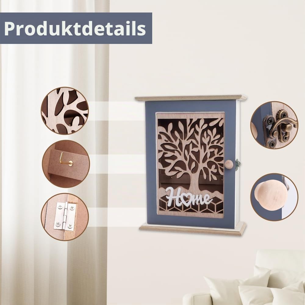 Schlüsselkasten Sparkasten Schlüsselschrank Holz Schlüsselkasten Modern mit Lebensbaum Schlüsselschrank 6 Schlüsselhaken für Eingang,Flur,Büro Schlüsselhalter 28.5 * 22 * 7cm