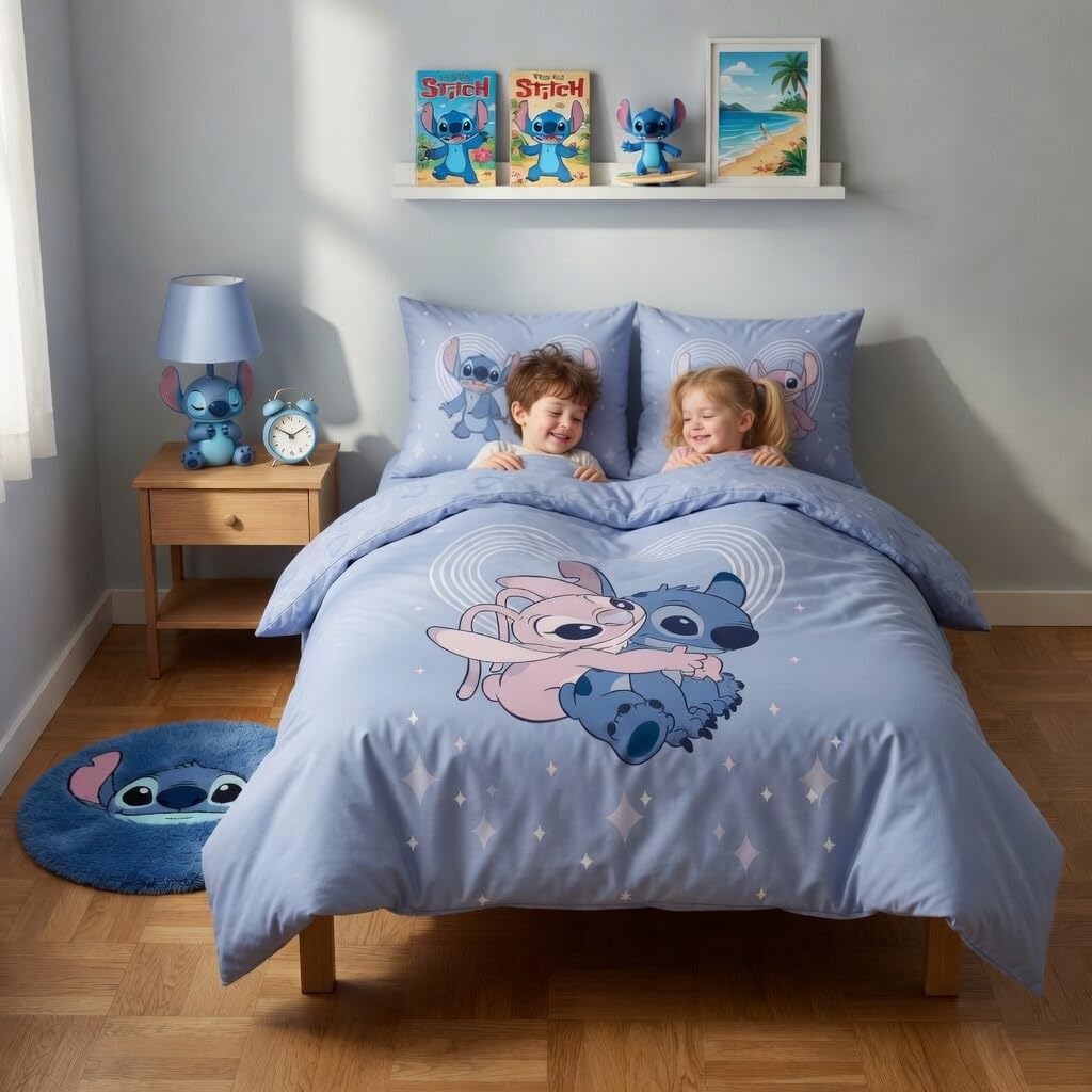 Stitch et Angel Housse de Couette 240x220 + 2 Taies 65x65 Polycoton Cadeau | Parure de lit 2 personnes | Duo Stitch & Angel complice | Séchage rapide facile entretien | St-Valentin | Adulte