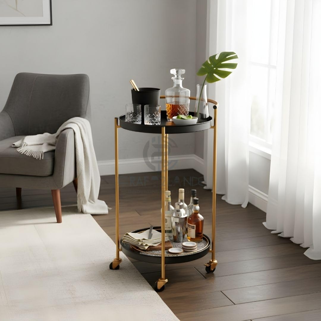 Premium Metal Kitchen Serving Trolley with Wheels | Elegant Barcart Trolley & Utility Cart for Kitchen, Dining Room, Bar, or Living Room | Modern Rolling Beverage & Storage Cart