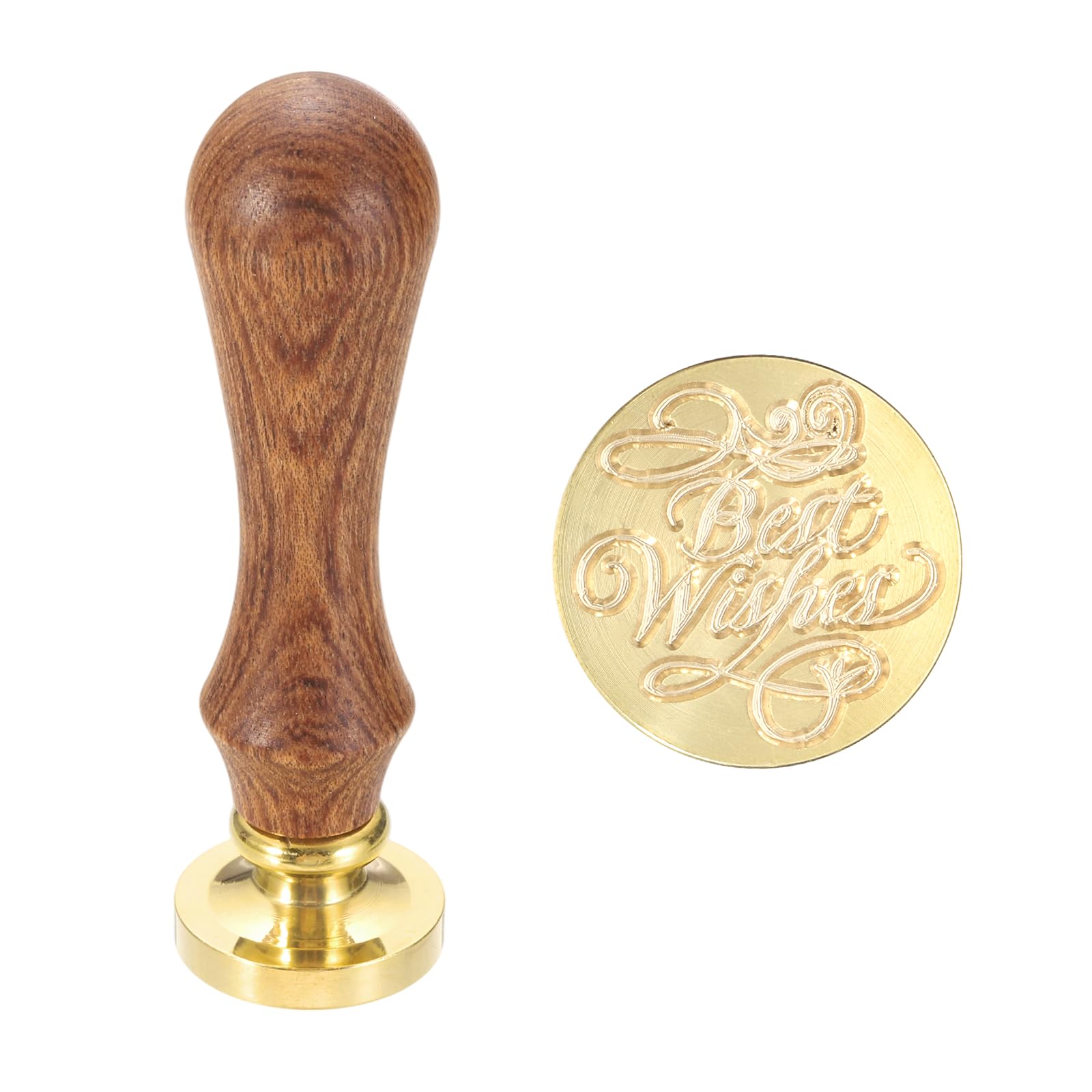 sourcing map Vintage Wax Seal Stamp, 25mm Blessings Brass Head and Wooden Handle Stamps for Personalized Halloween Christmas Wedding Cards Gift Envelopes Invitation Sealing, Best Wishes