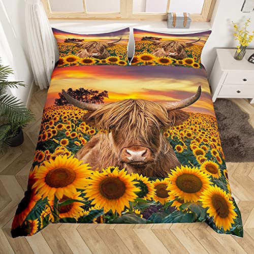 Highland Cow Bedding Set Kids Sunflower Cattle Comforter Cover For Girls Teens Farmhouse Wildlife Animal Duvet Cover Floral Western Cow Bull Decor Quilt Cover Bedroom Collection 3Pcs King Size #TOP2