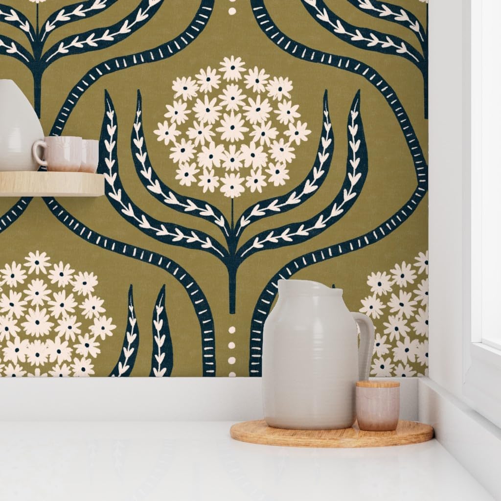 Spoonflower Removable Wallpaper 6ft x 2ft - Large Olive Green Minimal Floral Damask Simple Flower Custom Pre-Pasted Wallpaper