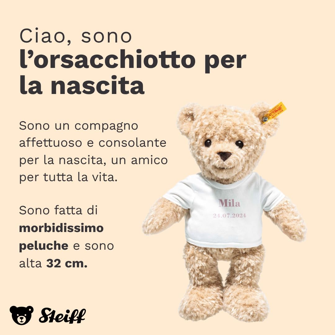 Steiff Peluche Orsacchiotto per la nascita, dolce animale di stoffa per bambini, bambine e neonati da 0 mesi, pupazzo di 32 cm, beige, 242748