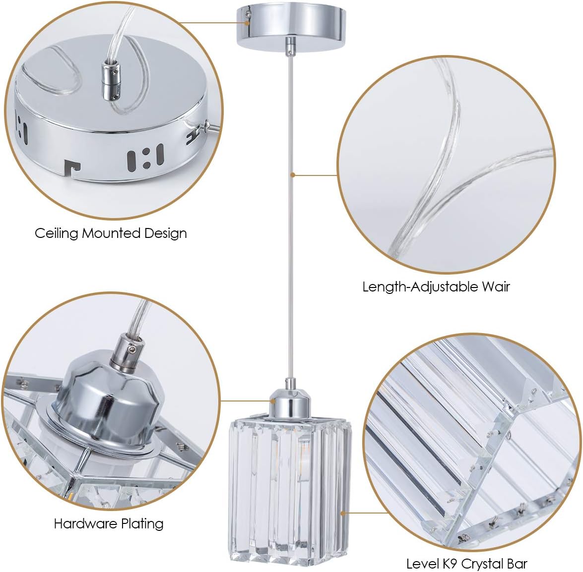 Exclusive Special SHENGQINGTOP Modern Crystal Mini Pendant Light, Polished Chrome Cuboid Pendant Lighting Fixture for Kitchen Island, Bedroom, Living Room, Dining Room, Set of 3