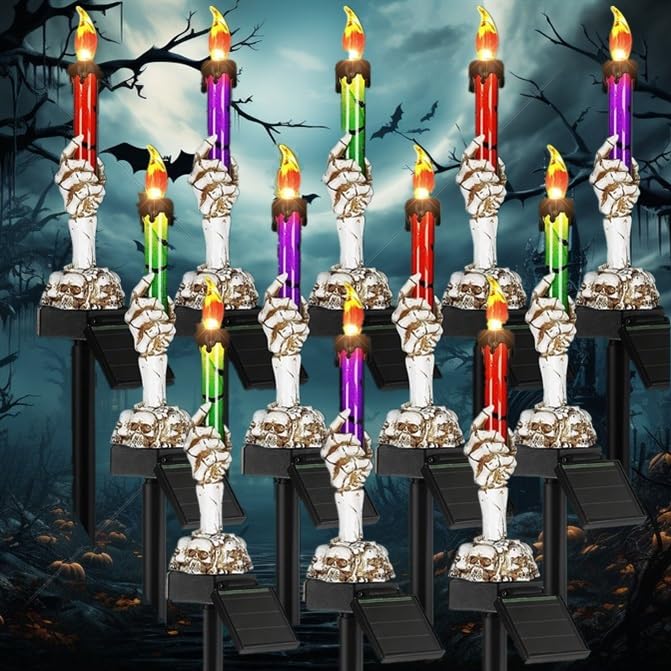 12 Pcs Halloween Solar Pathway Lights Outdoor Skull Candle Lights Skeleton Halloween Decorations, Halloween Garden Solar Stake Lights Waterproof for Yard Outdoor