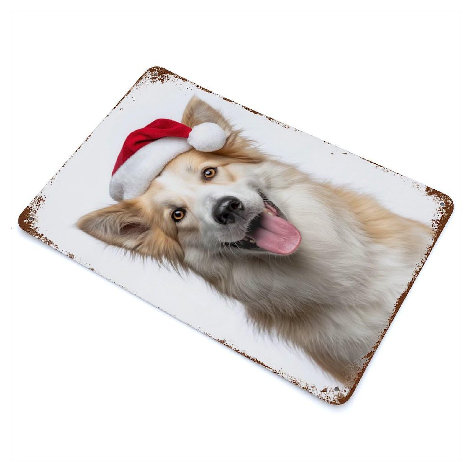 Icelandic Sheepdog with Santa Hat 11.8"x7.9" Aged Metal Wall Plaque, Retro Wall Decor for Farmhouse, Kitchen And Entryway Decor