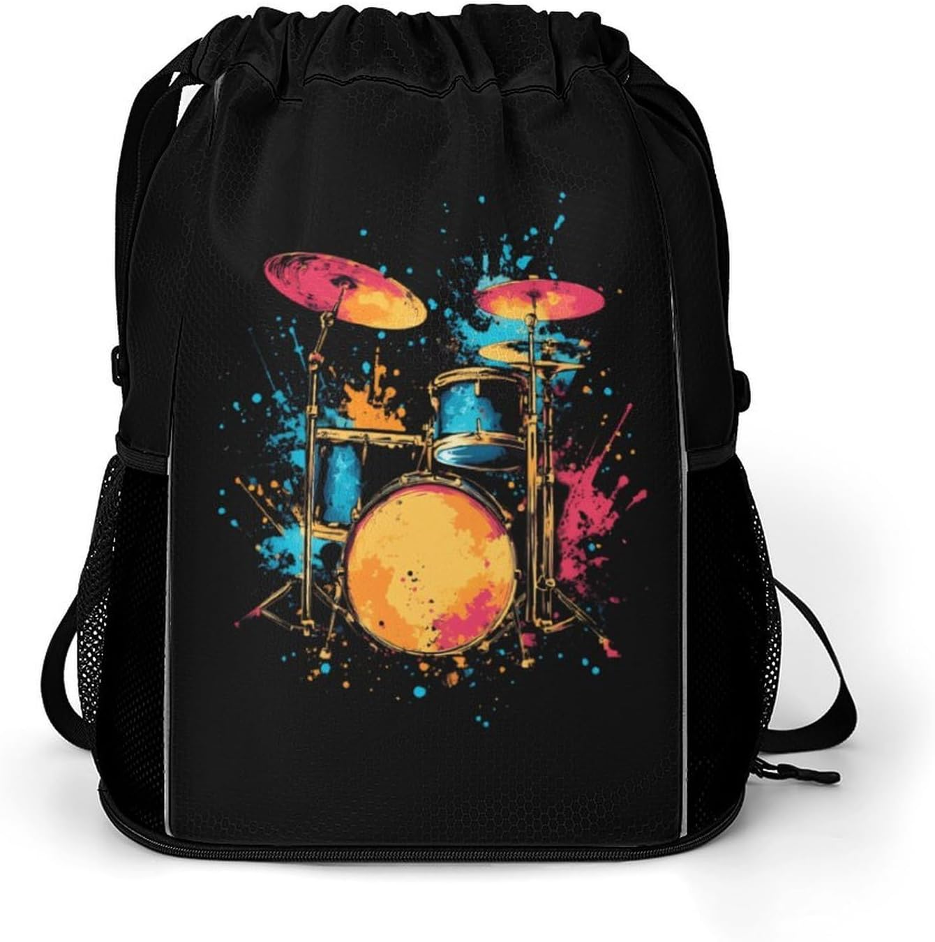 Colorful Drum Set Drawstring Backpack with Shoes Compartment Sport Gym String Casual Bag Sackpack
