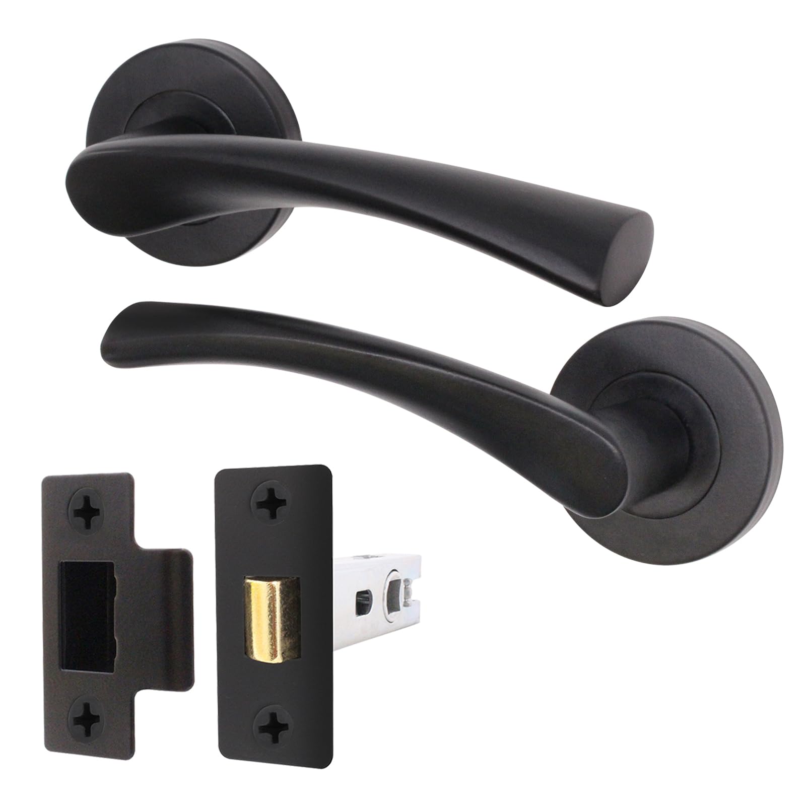 EAI Black Door Handle Latch Set | Round Internal Door Handles & Latch (64mm) | Matt Black Lever on Rose Novoli Range — image 1