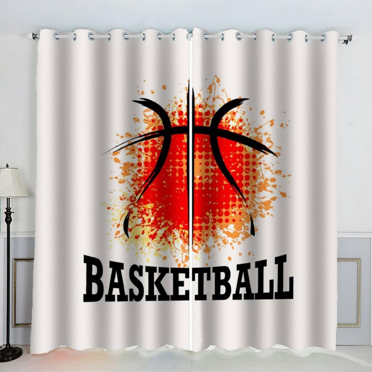 AKATIE Basketball Blackout Curtains 3d Art Print Hand Drawn Basketball Drapes Eyelet Polyester Fabric Window Curtain for Bedroom Living Room Playroom 2 Panels (W234xL229cm)