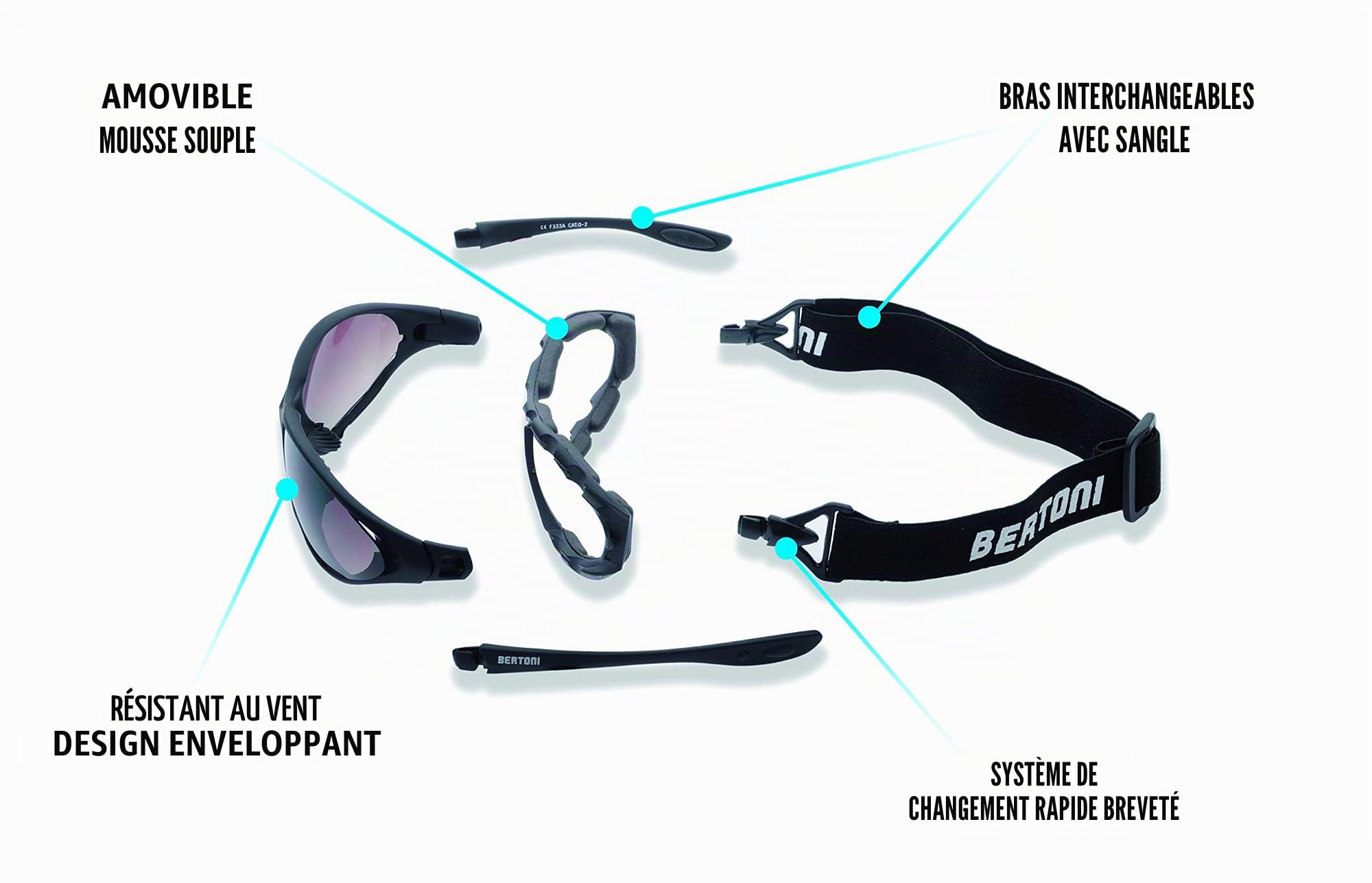 Bertoni Lunettes de Moto Photochromiques Polarisées - Branches Déclipsables pour une Bande élastique - mod. 333 Lunettes Coupe-Vent pour Casques Moto