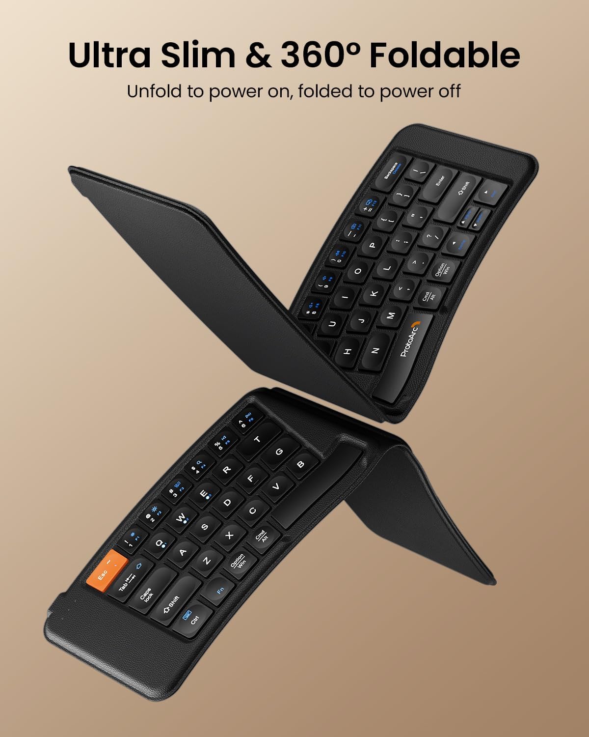 ProtoArc XK03 keyboard shown folded and unfolded, highlighting its ultra-slim profile.