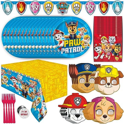 Paw Patrol Birthday Decorations Party Supplies for 16 Guests - Complete Officially Licensed Kit with Plates Napkins Banner and Masks Party Favors Set for Kids