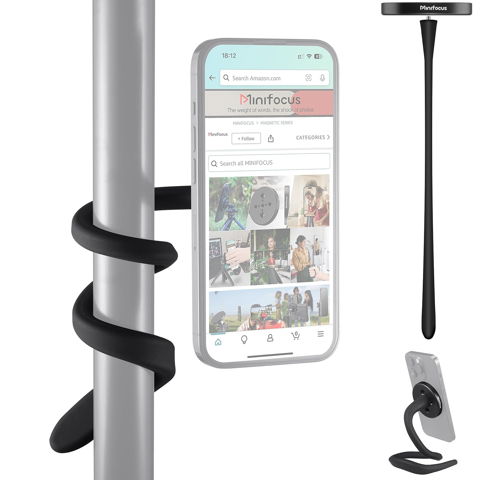MINIFOCUS Flexible Phone Holder for Magsafe, Portable Gooseneck 17" Long Arm Gym Mount for Treadmill, Wrap Around Phone Stand for Stroller/Shopping/
