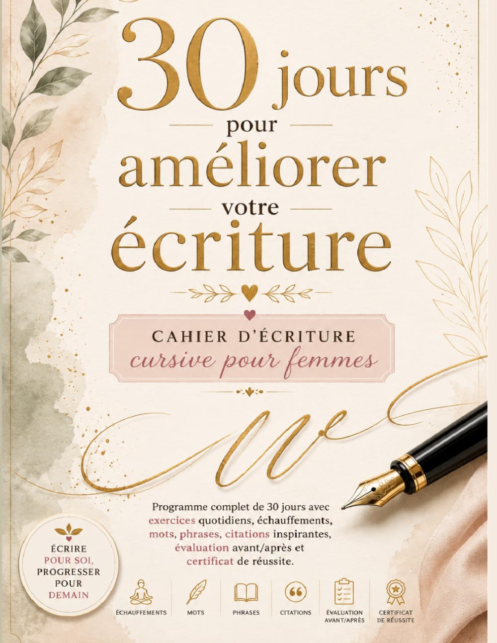 30 jours pour améliorer votre écriture: Cahier d'écriture cursive pour femmes Programme complet de 30 jours avec exercices quotidiens, échauffements, ... avant/après et certificat de réussite.