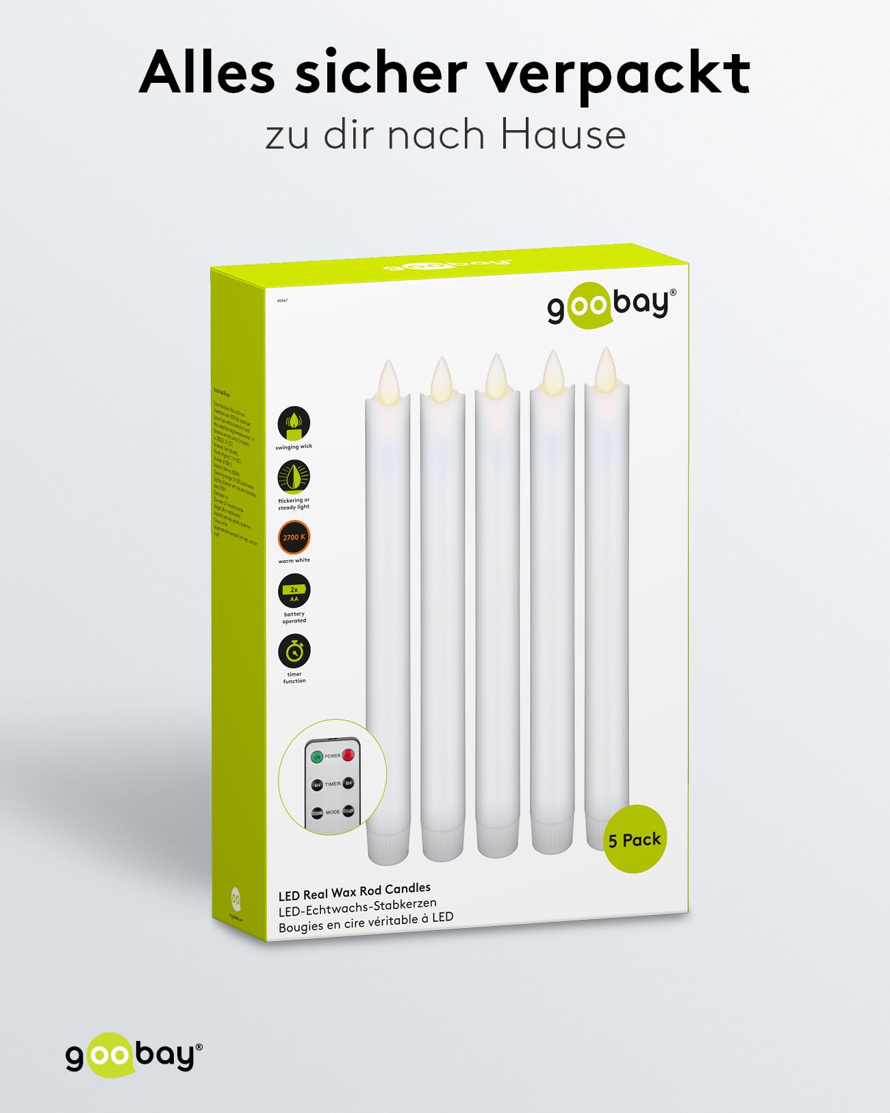 Goobay 49867-5 candele a LED in vera cera, senza fili, con telecomando, timer, colore: Bianco