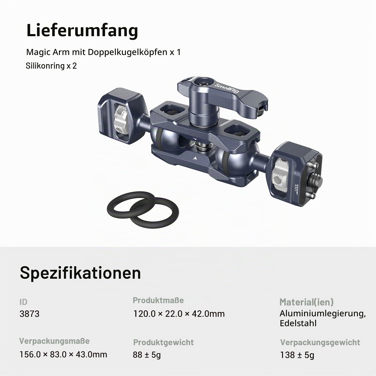 SMALLRIG Dual Ball Heads Magic Arm mit 1/4"-20 Schrauben, max. Belastung 6 kg, nur 88 g, aus Aluminiumlegierung und Edelstahl – 3873