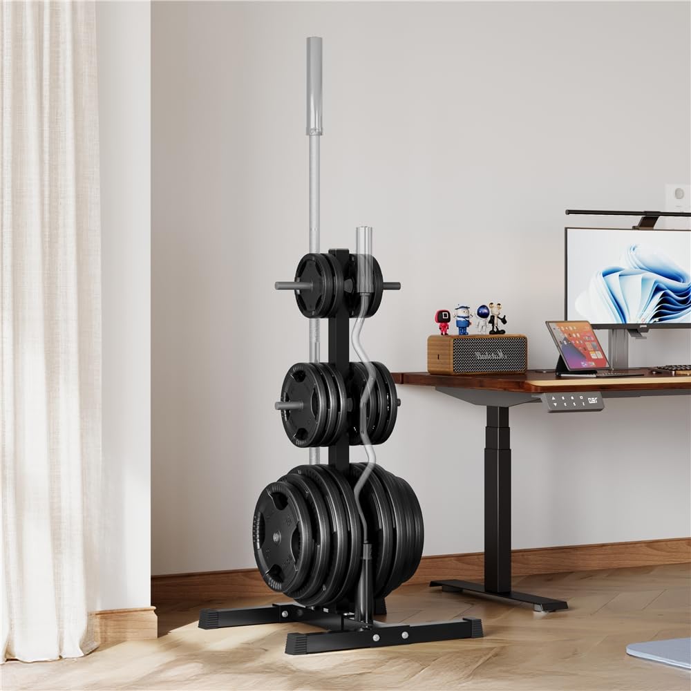 Abician Support pour Poids Charge max. 400 kg Compatible Alésage >28mm | Rangement 6 Disques et 2 Barres Compatible Poids Olympique et Standard Structure Métal Antirouille pour Maison Salle de Sport
