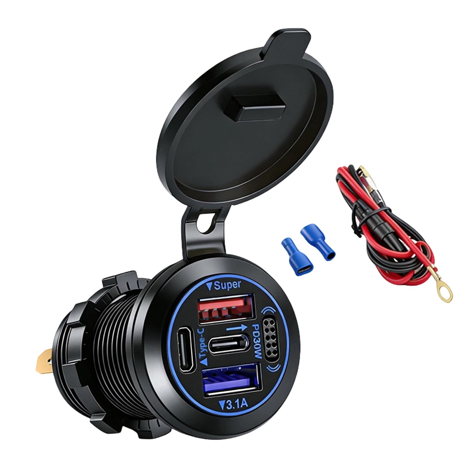fexxkg 12V 24V 4 Port USB Car Chargers Fast Embedded Outlet With Switches Waterproof Cover For Auto Truck Motorcycle Boats