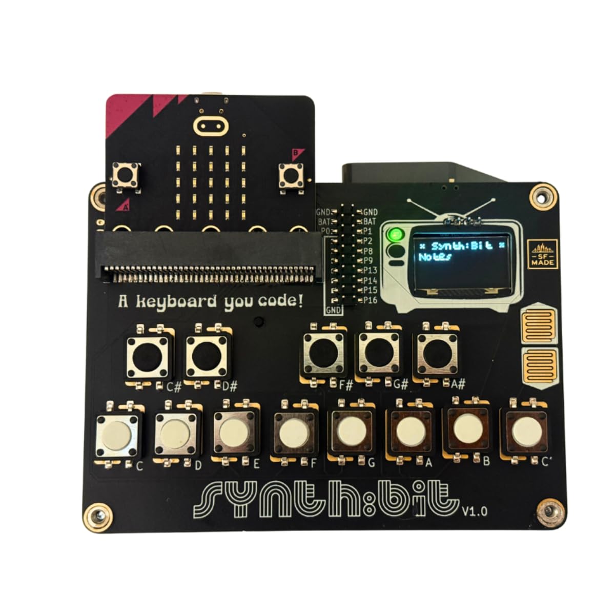 Photo 1 of Synth:bit 16 Note Micro:bit Synthesizer Keyboard OLED display, Battery and Audio Jack, Jumper Pins for Expansion, Lego-Compatible (Micro:bit included with pre-loaded Synthesizer program.)