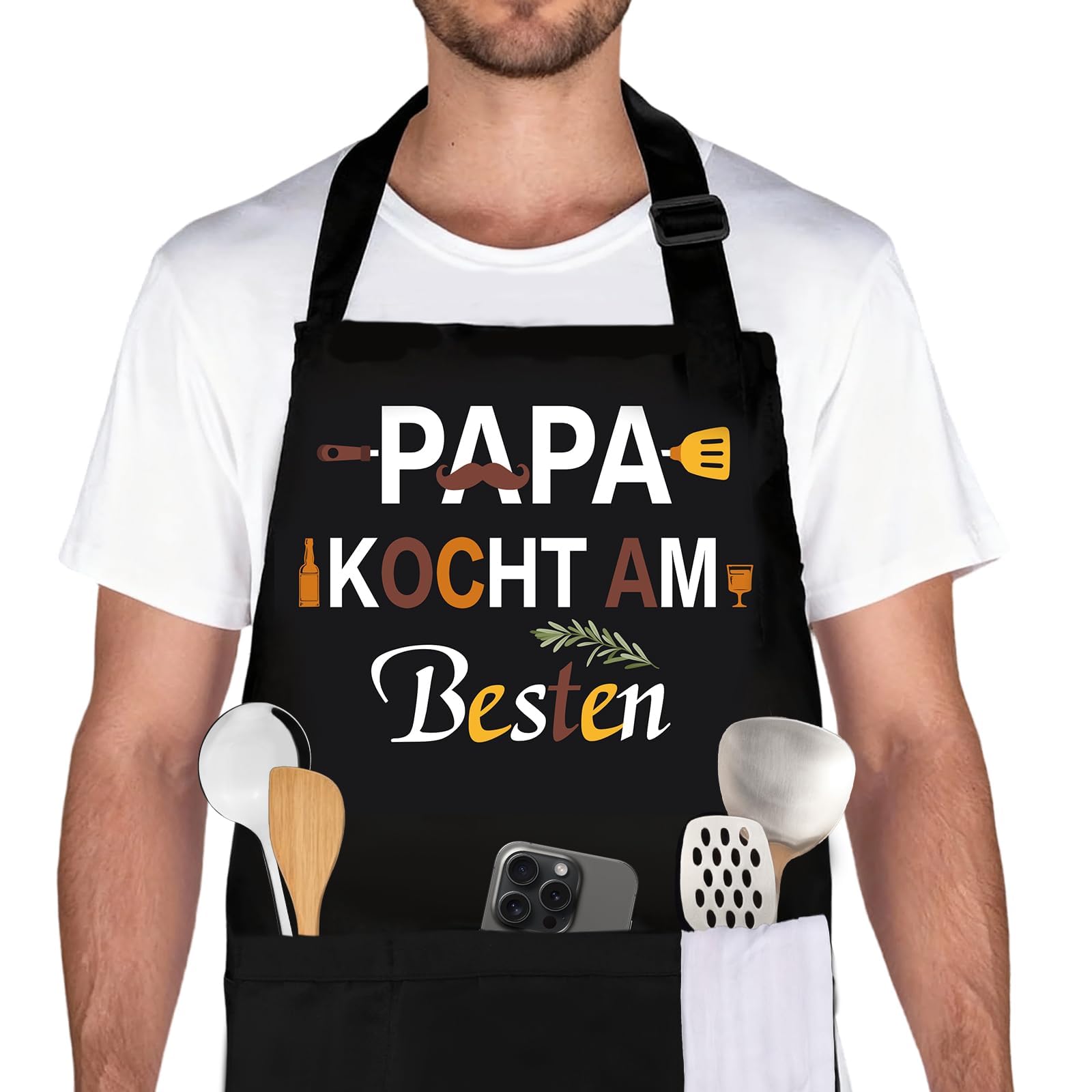 Belillpipi Kochschürze Männer Damen Schwarz, Verstellbare Kochschürze Damen mit 3 Taschen, Grillschürze Geschenke Schürze für Frauen Mann Geburtstag, Muttertag, Vatertag, Weihnachten