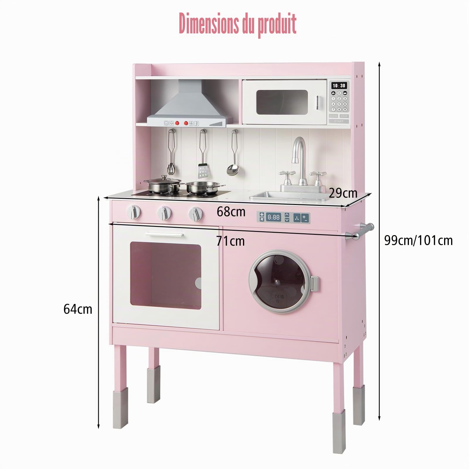 HOMASIS Cuisine jouet avec hauteur réglable, hotte, micro-ondes et téléphone, sons et lumières, cuisine de jeu en bois pour enfants de 3 ans et plus, rose (71 x 29 x 101 cm)