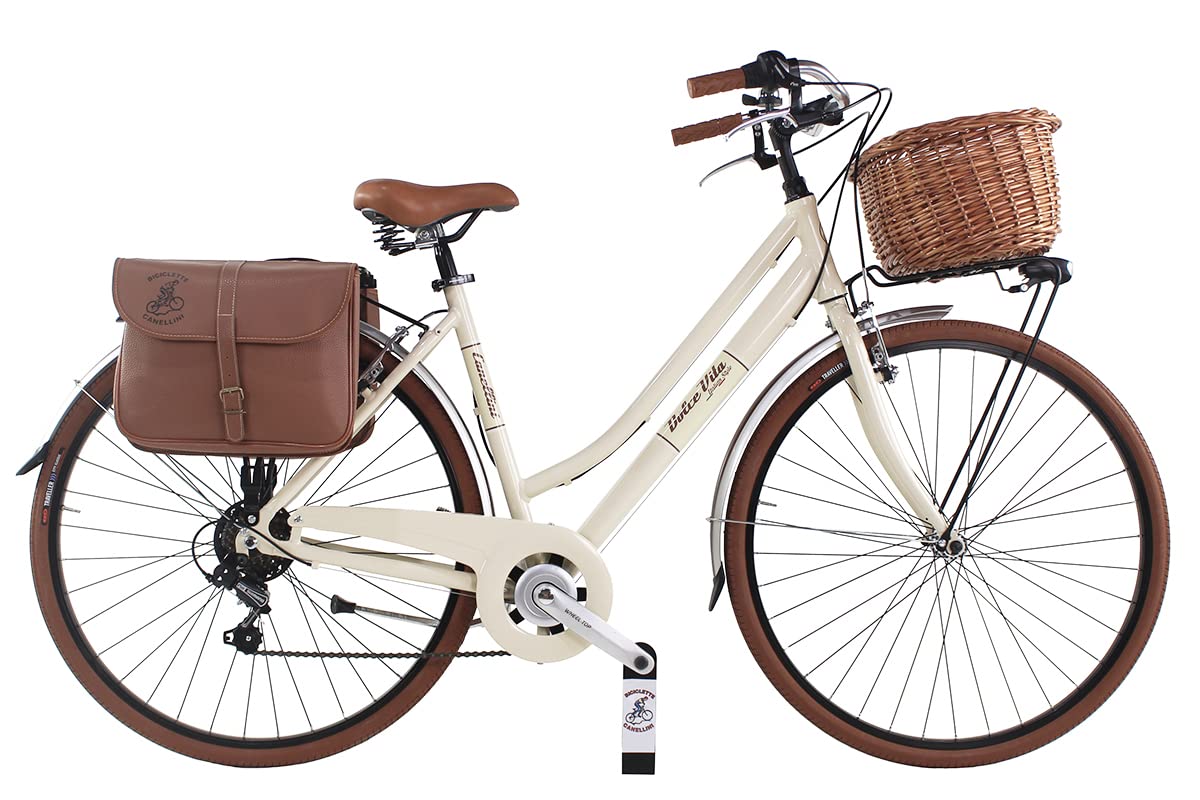 Canellini - Bicicleta de ciudad vintage, estilo retro, Dolce Vita Oldstyle, de aluminio, para mujer, con bolsas y cesta de ruedas de 28 pulgadas
