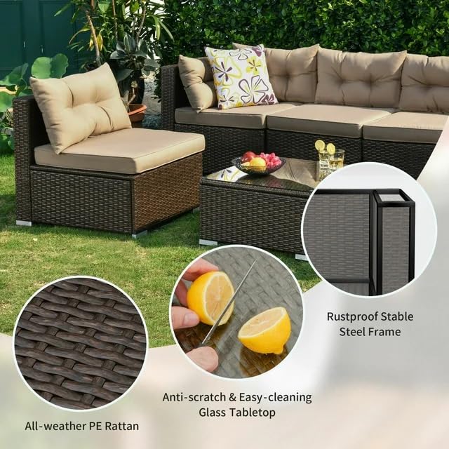 Image of DEVOKO 6 Seater Patio Outdoor Indoor All-Weather Sectional Sofa HDPE Rattan Manual Weaving Wicker Conversation Furniture Set for Garden, Porch, Terrace, Deck, Lawn (Dark Brown & Beige)
