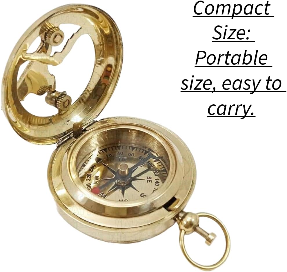 Vintage Brass Push Button Sundial Compass with Polished Lid Elegant Collectible for Nautical Enthusiasts Adventure Companion Historical Navigation Tool Antique Finish Pocket Sized and Durable Design