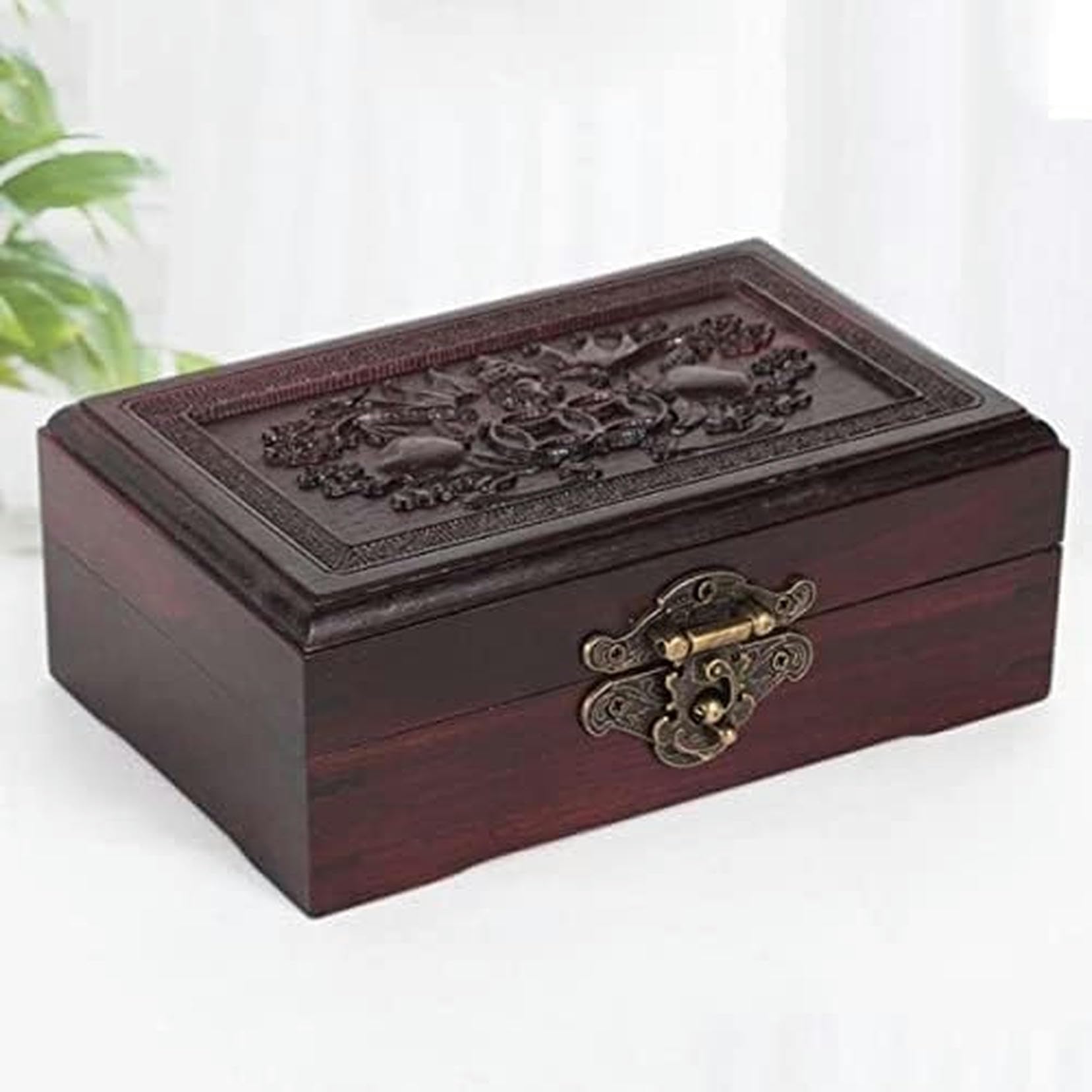 YSJNHX Vintage rzeźba w drewnie pudełko na biżuterię pierścionek pudełko z biżuterią Vintage pudełko na biżuterię pudełko do przechowywania z litego drewna ~/
