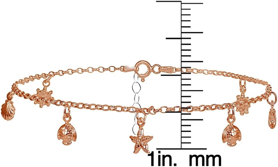 Hoops & Loops 925 Sterling Silver Rolo Chain Dangling Starfish Shell Turtle Charm Ankle Bracelet for Women Men, 9 Inch + 1" Extender Boho Cute Summer Beach Anklet Foot Jewelry Rose Gold