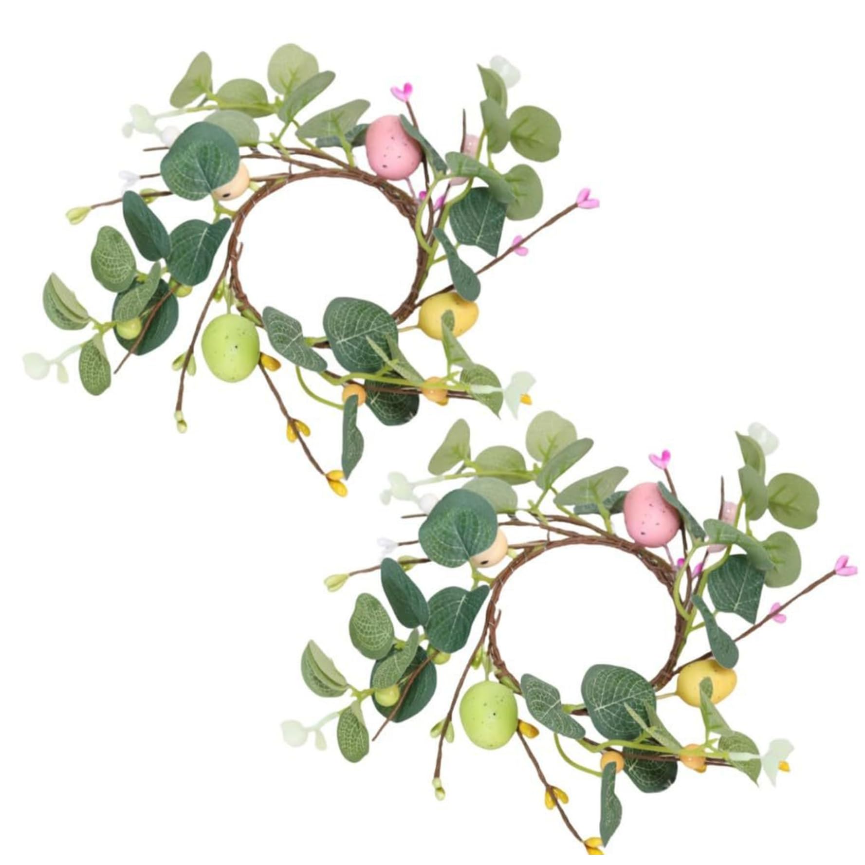 2-Pack Easter Candle Rings Spring Egg and Berry Candle Wreath with Faux Eucalyptus Small Floral Holder Ring for Seasonal Decor Easter Rings, Holder, Ring