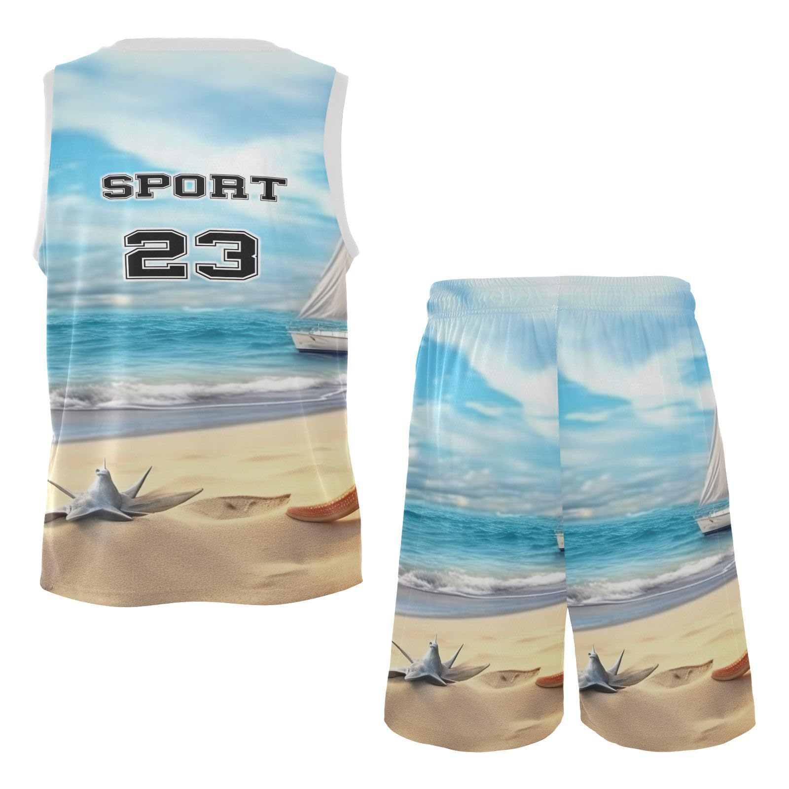 FLildon Beach Starfish Landscape Boys Basketball Jersey Set Tank Top Shorts Tracksuit Sport Training Suit for Kids, M