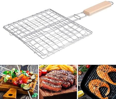 FEELING MALL BBQ Basket Vegetable Basket Grill Rack Fish Roasting Stainless Steel Roasting Organizer with Wooden Handle for Roasting Fish Shrimps Seafood Baking Barbecue Cookware Kitchen Camping