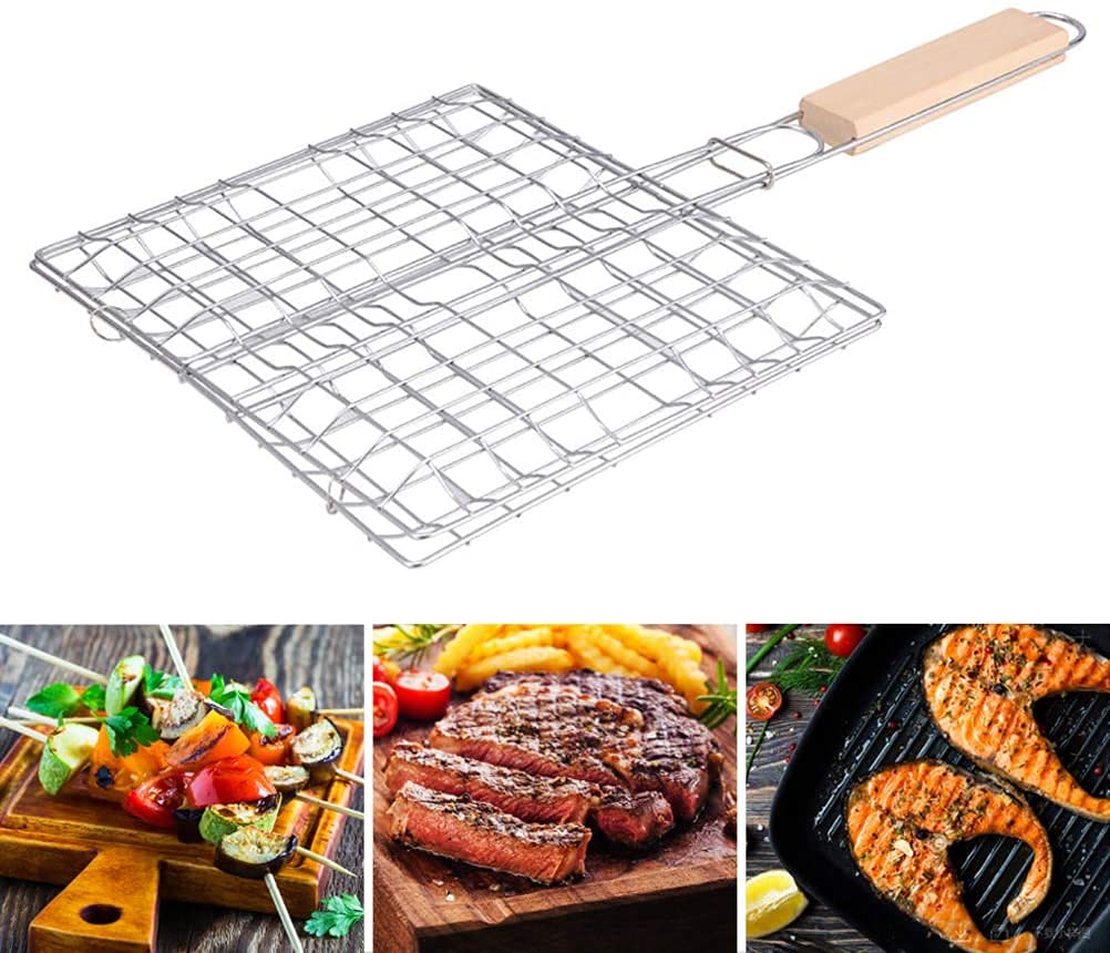 FEELING MALL BBQ Basket Vegetable Basket Grill Rack Fish Roasting Stainless Steel Roasting Organizer with Wooden Handle for Roasting Fish Shrimps Seafood Baking Barbecue Cookware Kitchen Camping-image-4