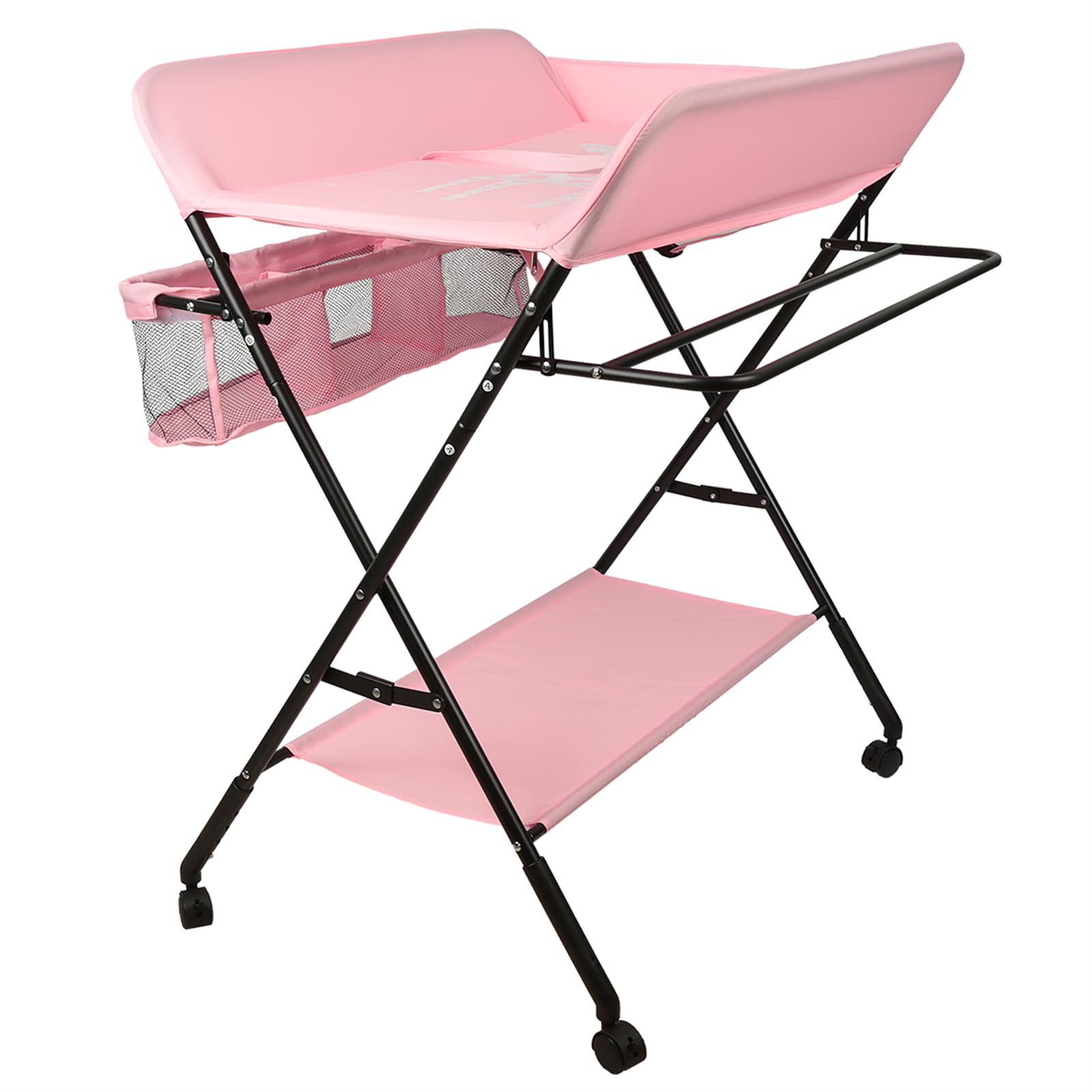Homewell Cambiador de bebé plegable, con cambiador, cinturón de seguridad, compartimentos, bonito patrón e indicación de altura, estable y cómodo (rosa profundo)